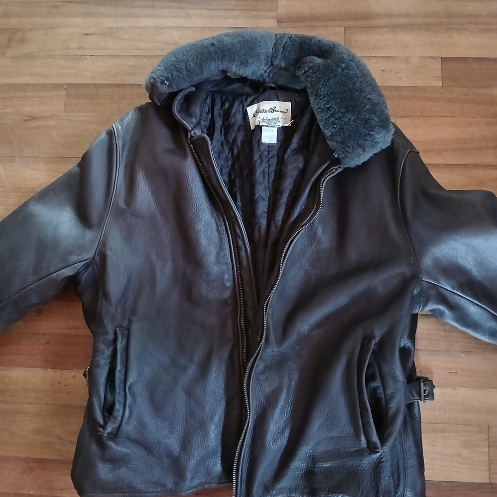 Eddie Bauer brown leather bomber coat